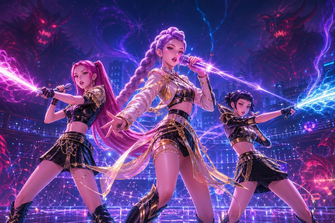 AI-generated KDH fan art — Huntrix group from KPop Demon Hunters