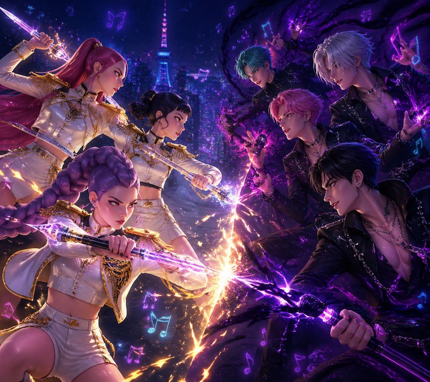 AI-generated KDH fan art — Huntrix versus Saja Boys epic battle scene