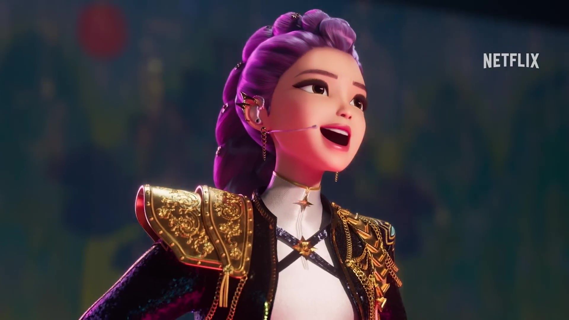 Rumi performing on stage with glowing microphone